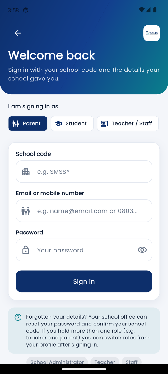 SEMS app sign-in