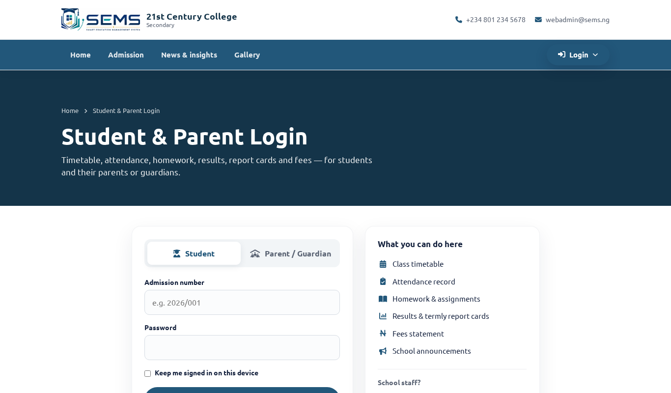 Student & Parent login page