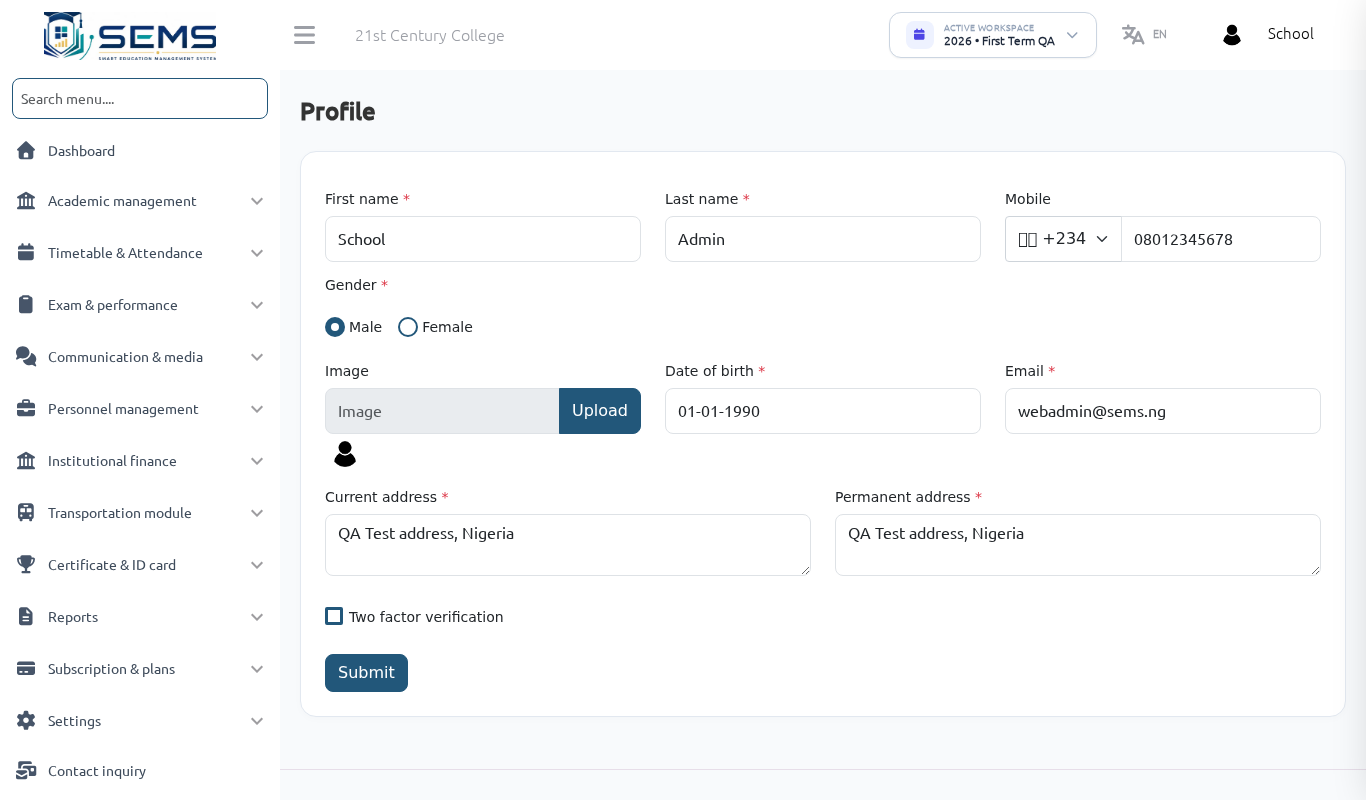 Two-factor verification screen