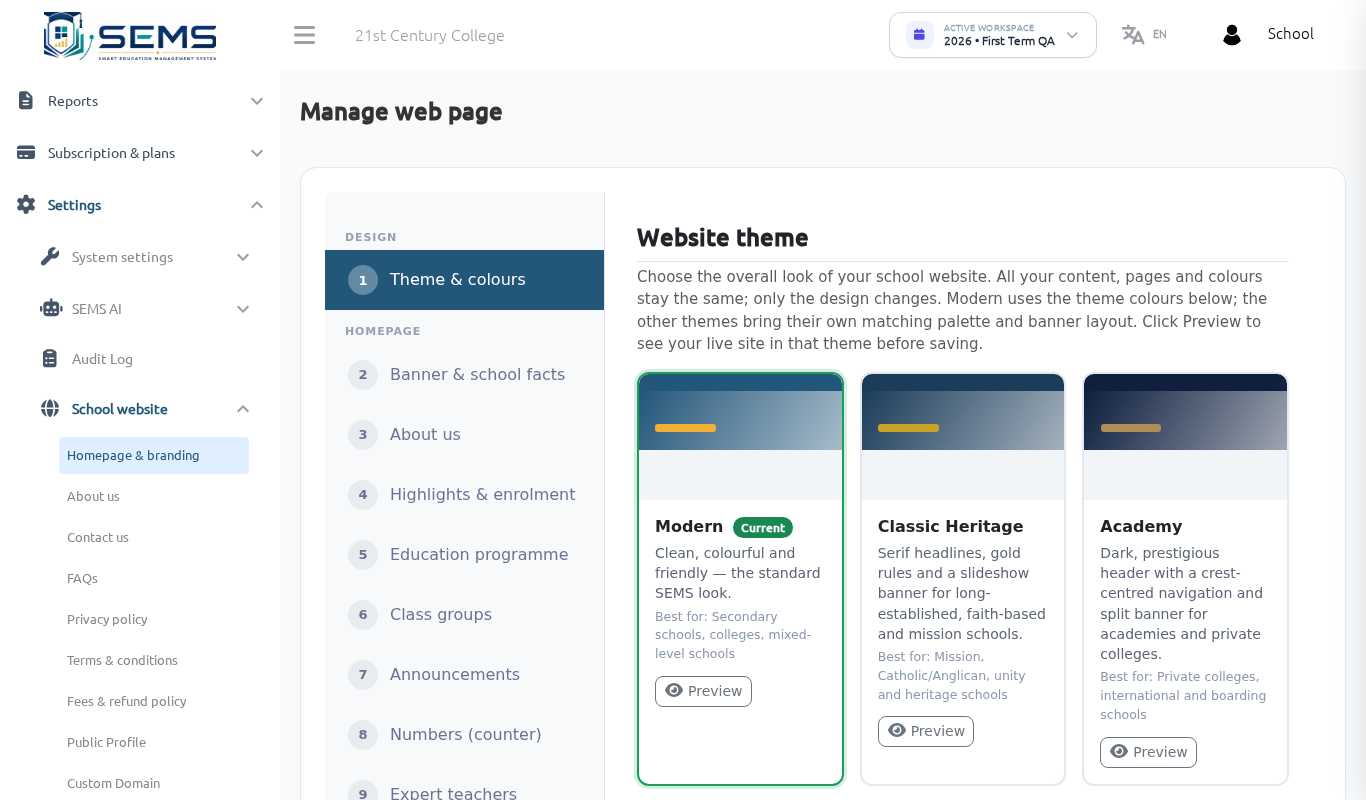 Homepage & branding settings